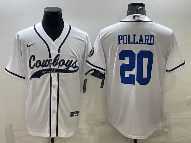Men's Dallas Cowboys #20 Tony Pollard White With Patch Cool Base Stitched Baseball Jersey